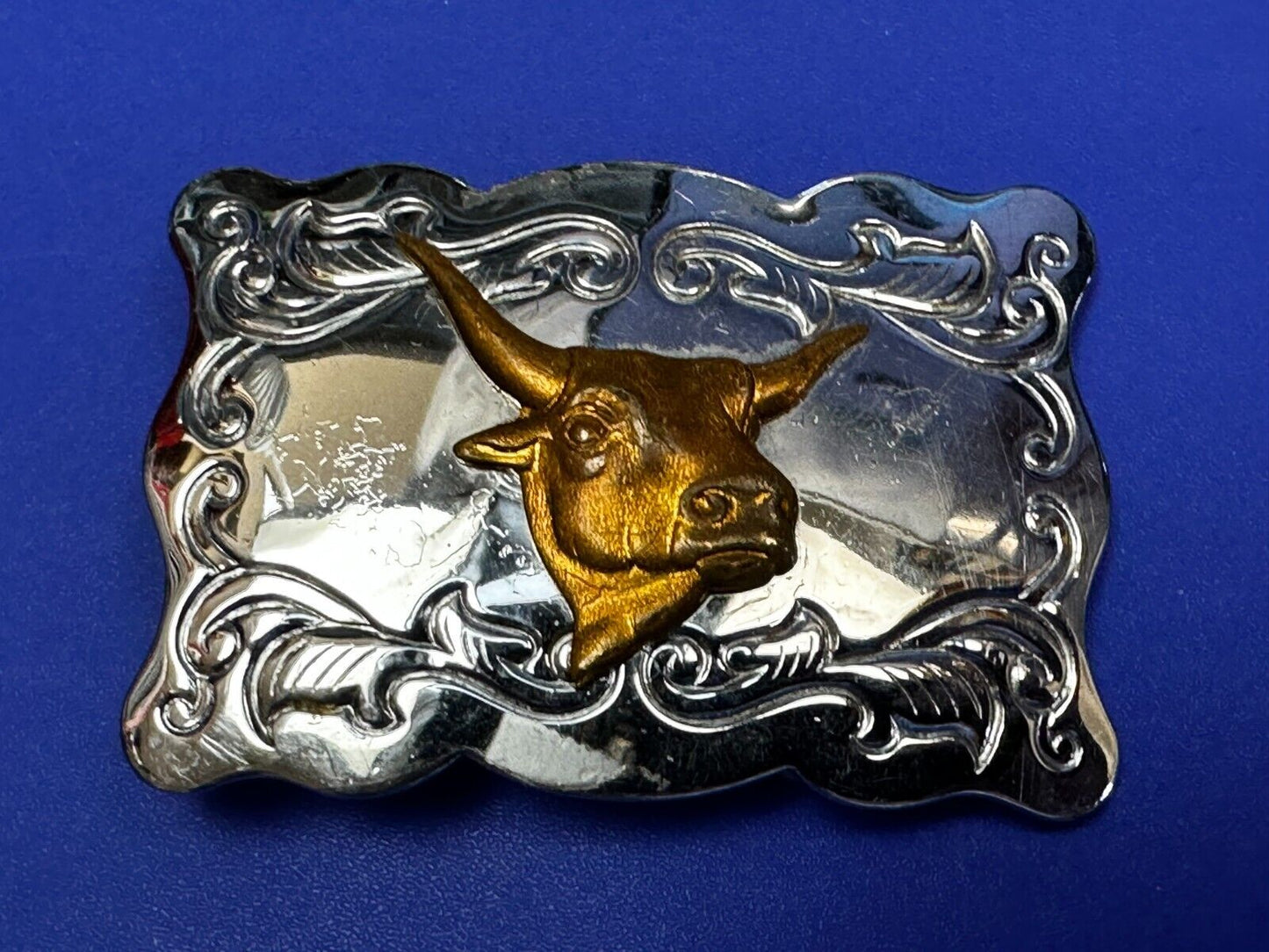 Vintage Cowboys Longhorn W/ Engraved Swirl Pattern Belt Buckle By Chambers