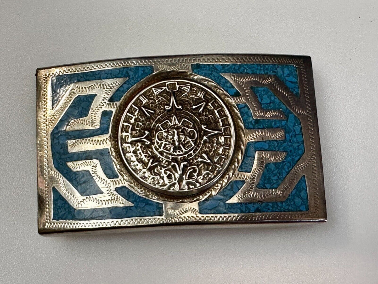Aztec Mayan Calendar Sun Turquoise Inlay Southwestern Vintage Belt Buckle