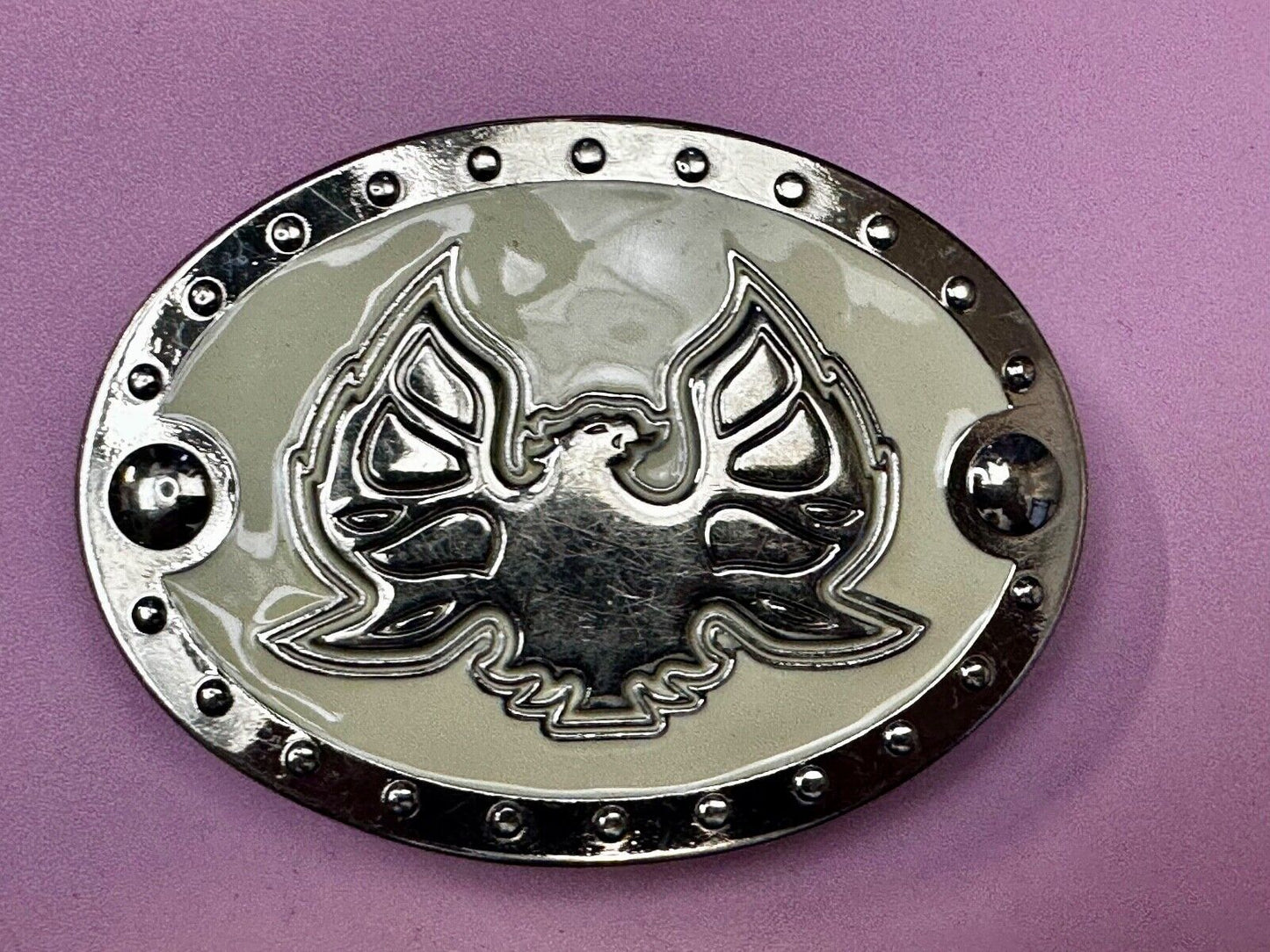 Thunderbird Eagle? Cream Color Enamel Studded Oval Silver Tone Belt Buckle