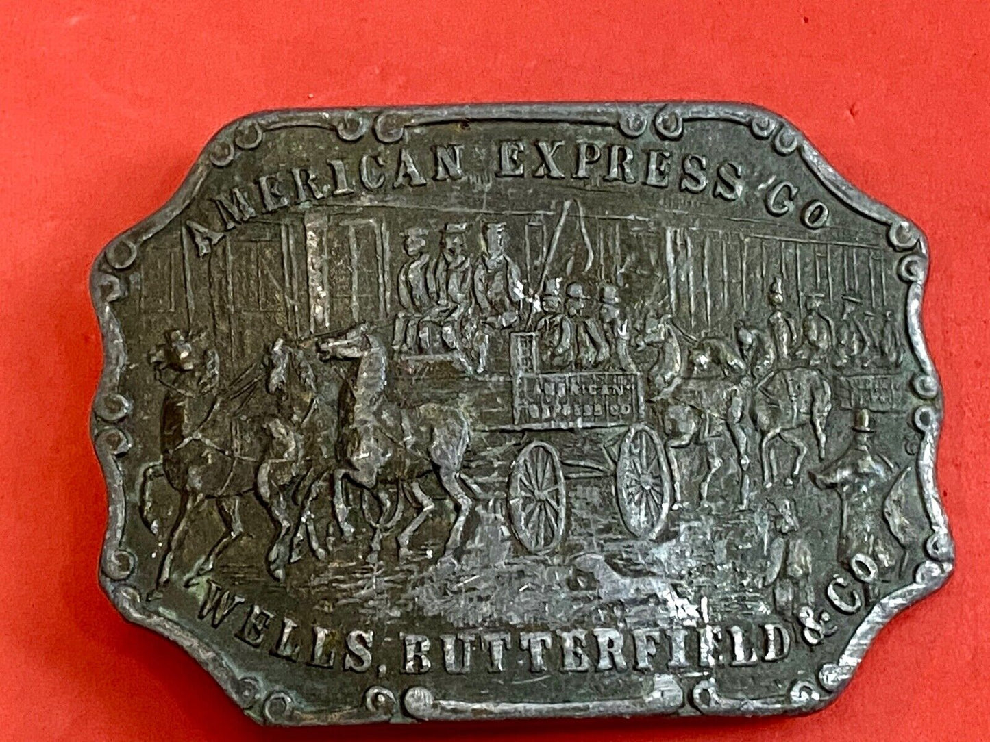 vintage american express wells butterfield belt buckle horses buggy - signed