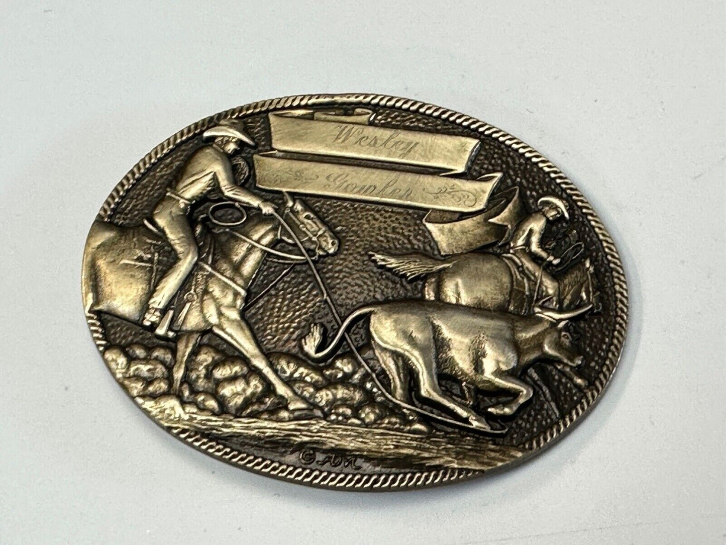 The Cattle Drive Western Rodeo Cowboys engraved award ribbon scroll belt buckle