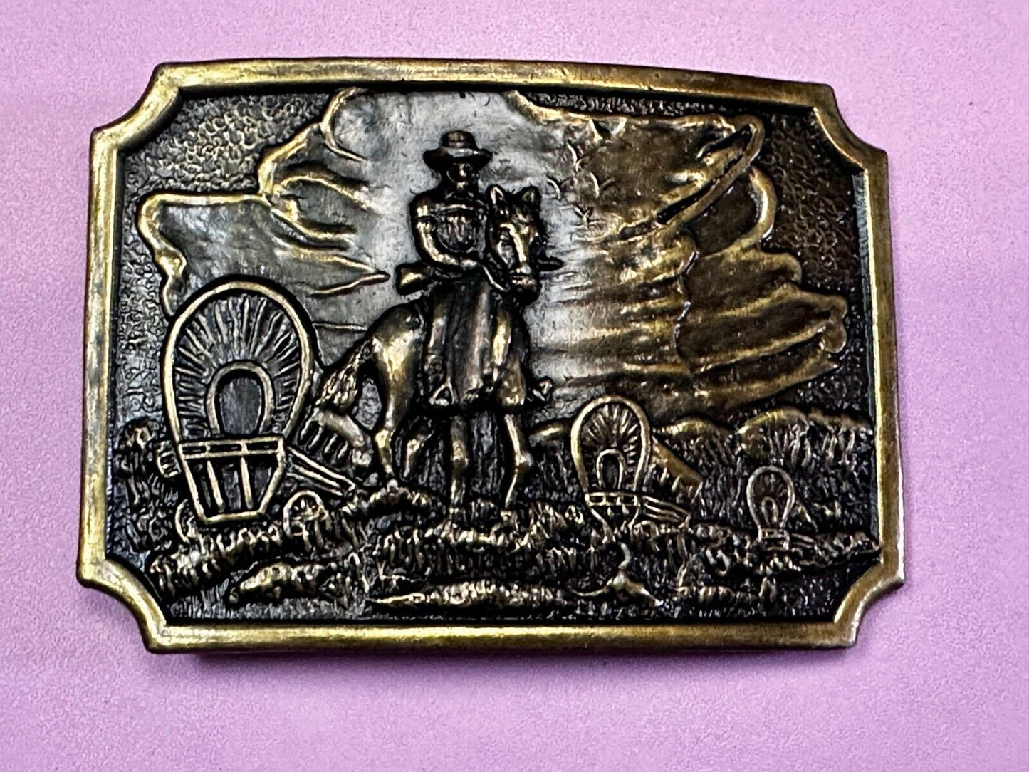 Tall In The Saddle Western Cowboy Leading Wagon Train Vintage ART Belt Buckle