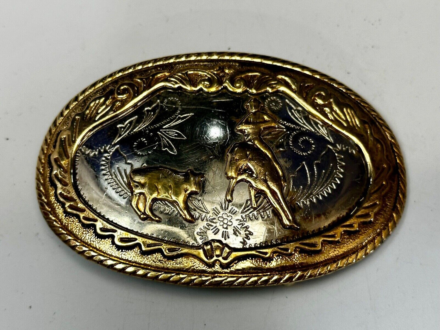 Beautiful Cowboy Ropeing Scene Vintage German Silver Belt Buckle - Awesome Detai