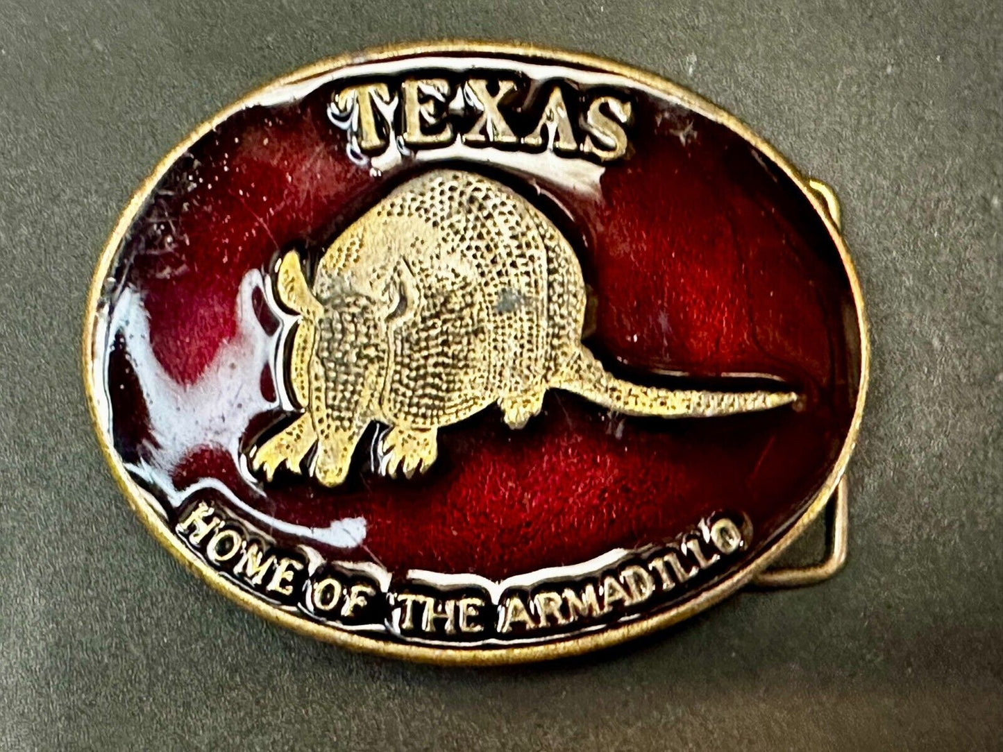 Texas Home of the Armadillo Commemorative Red colored Belt Buckle by Koleaco