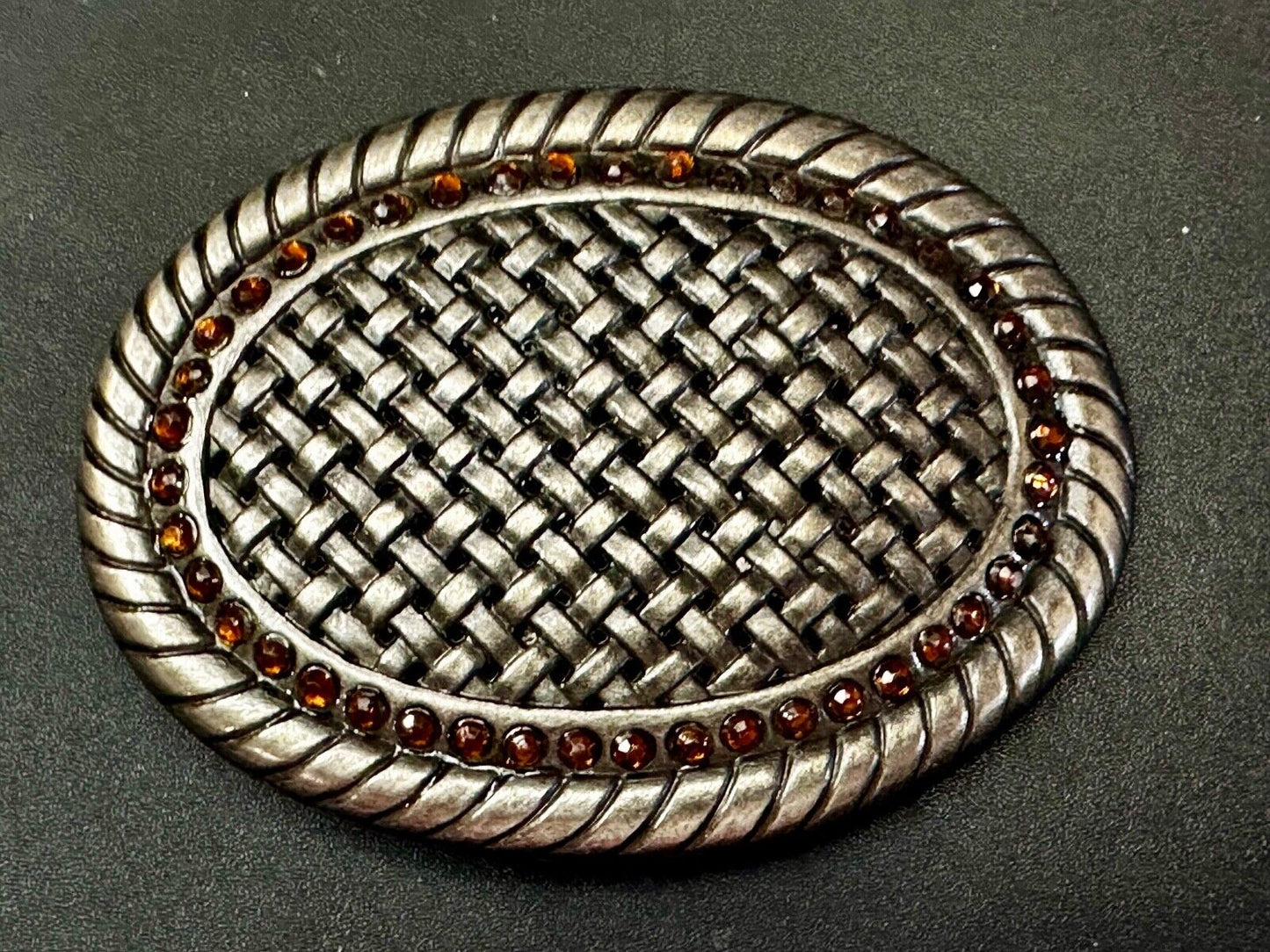 Basket Weave Design Rhinestone Border Vintage Metal Oval Belt Buckle