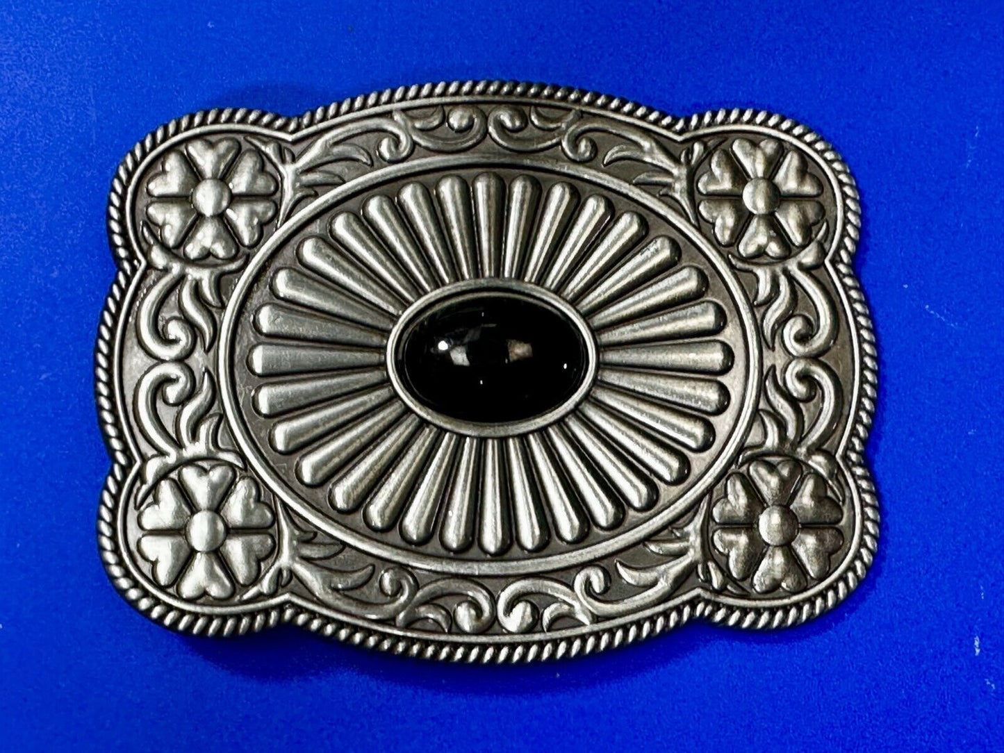 Black Faux Stone Cabochon Centerpiece in Western Framed Belt Buckle