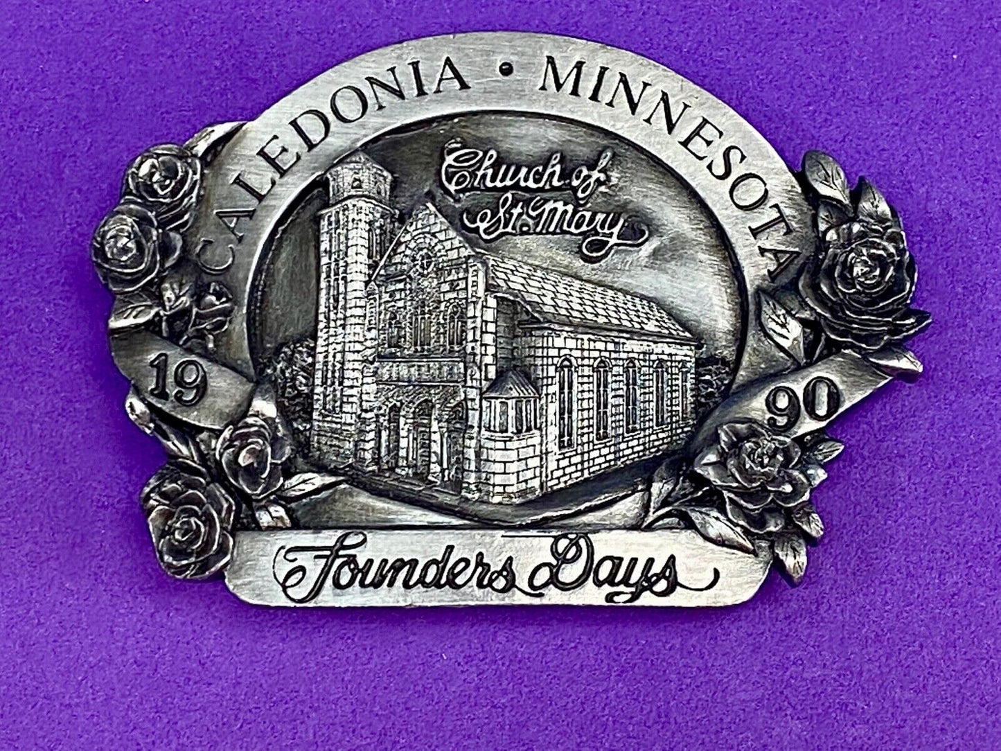 Vintage 1990 - Founder’s Days Caledonia MN belt buckle - Church of St Mary