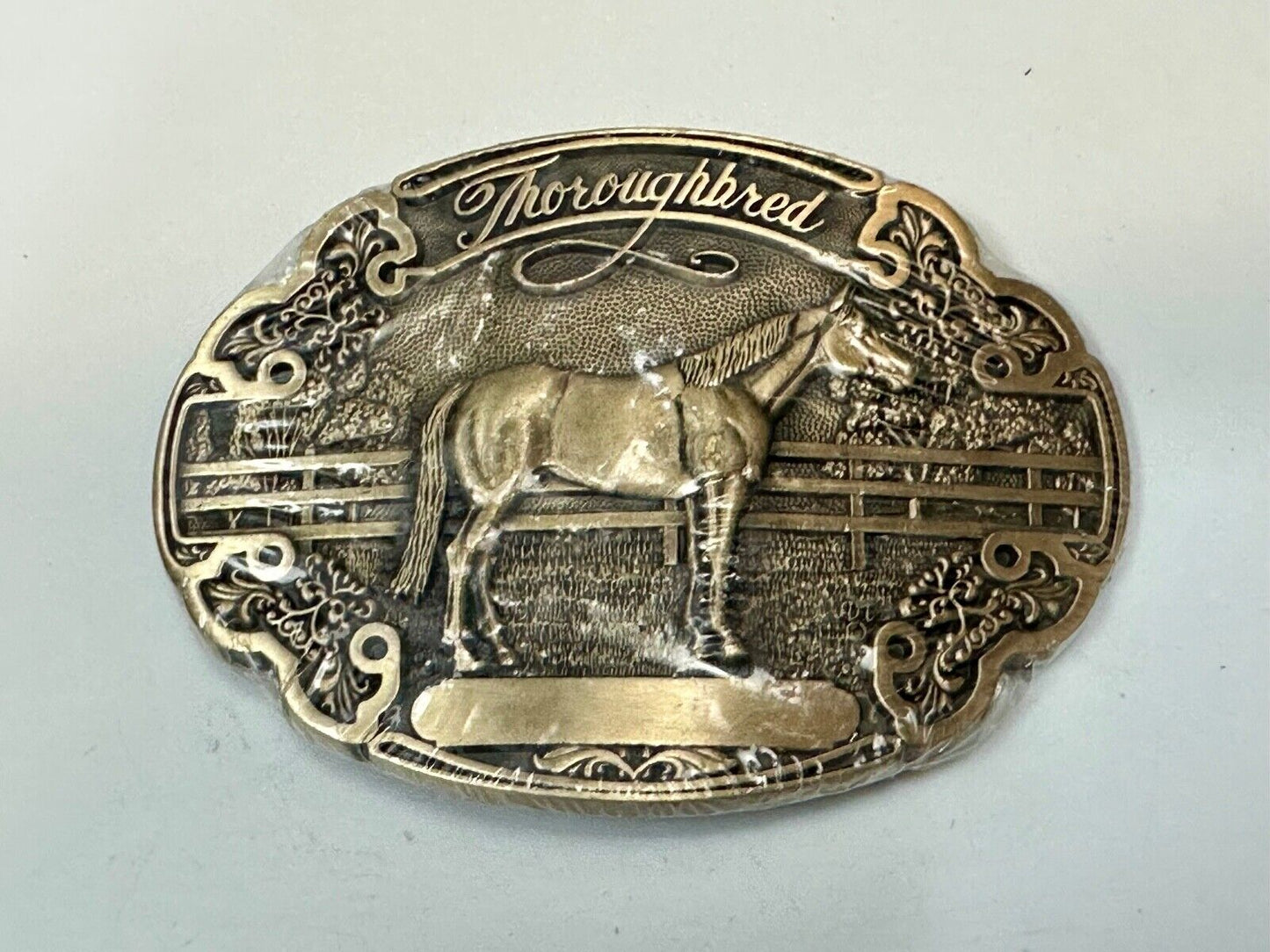 Thoroughbred Horse with Award Ribbon NOS Vintage ADM Solid Brass Belt Buckle