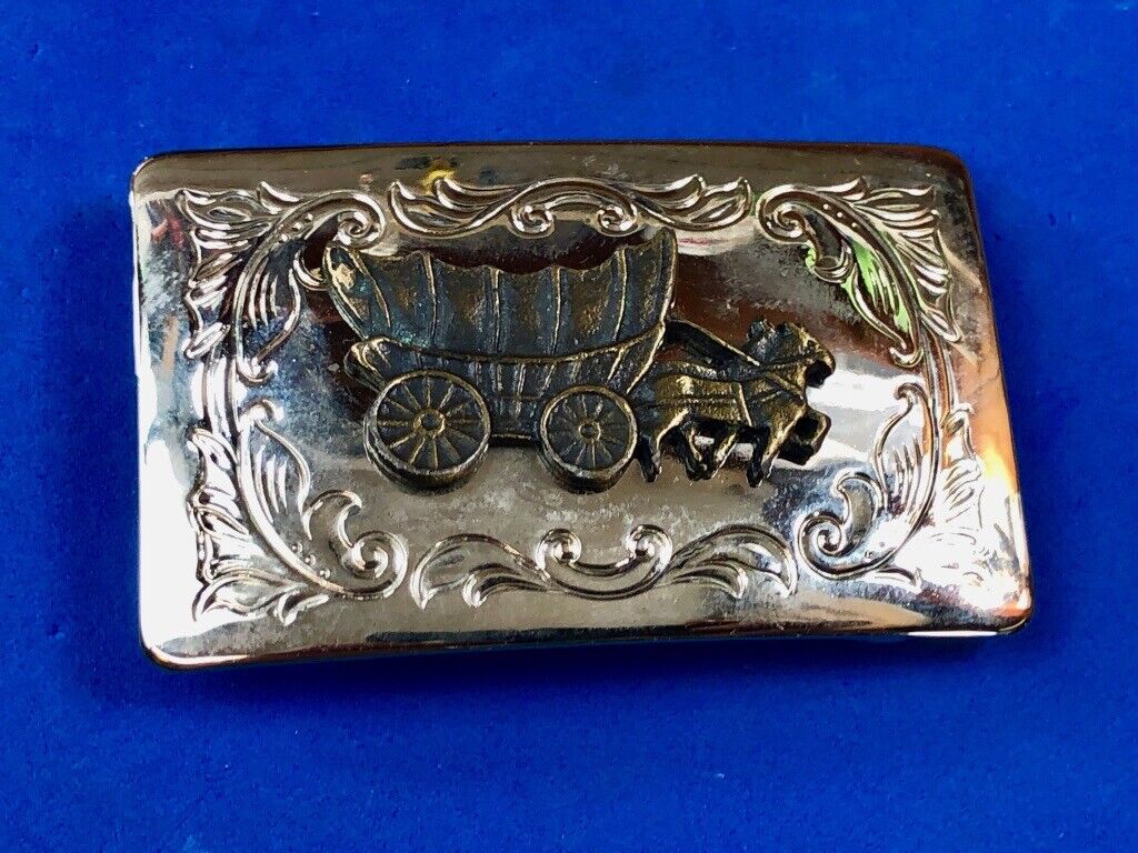 USA made vintage Covered Wagon Mixed Metal Stand out belt buckle