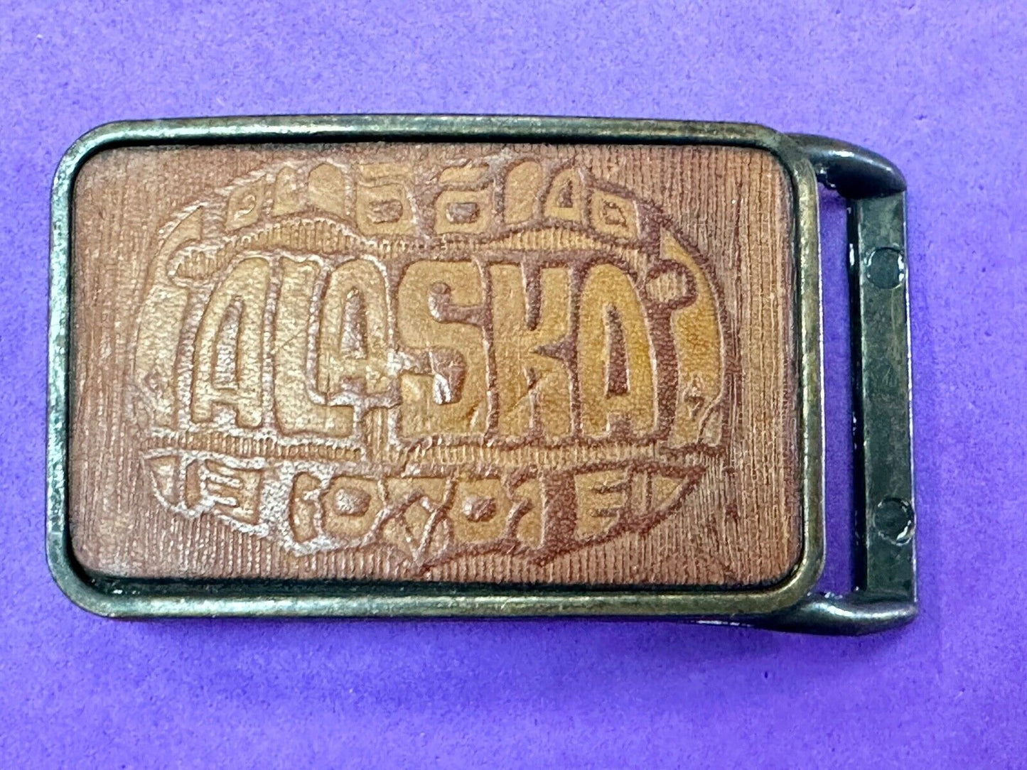 vintage Alaska Rodeo Faux? leather and brass western cowboy belt buckle