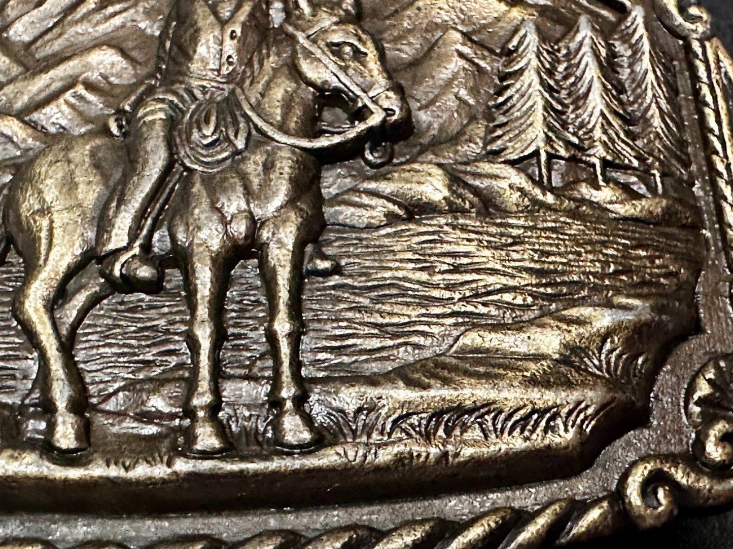 Tall In The Saddle Western Cowboy Leading Wagon Train Vintage ART Belt Buckle