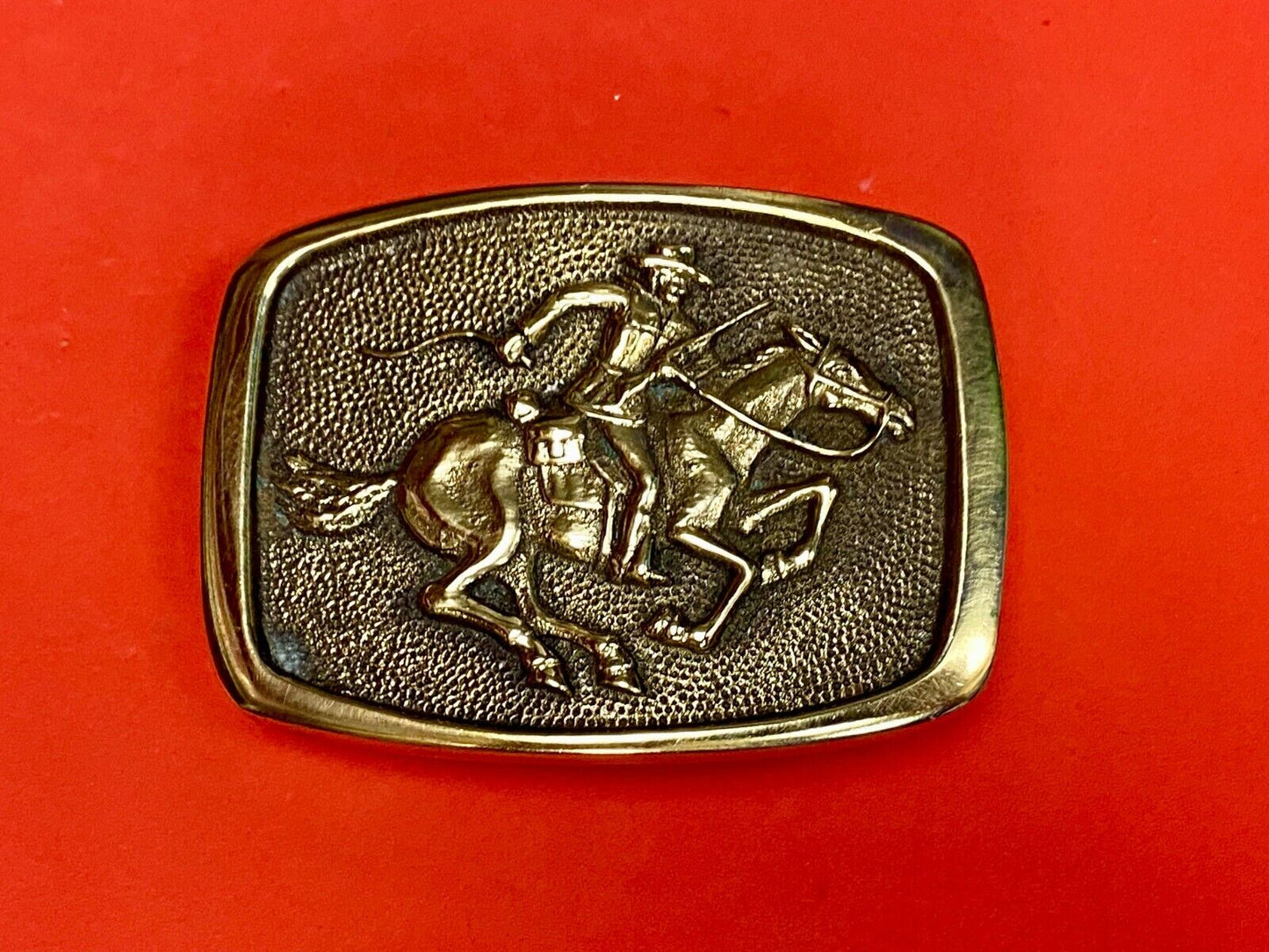 Vintage 1978 Horseback Rider Cowboy Bank Robber Solid Brass Belt Buckle By BTS