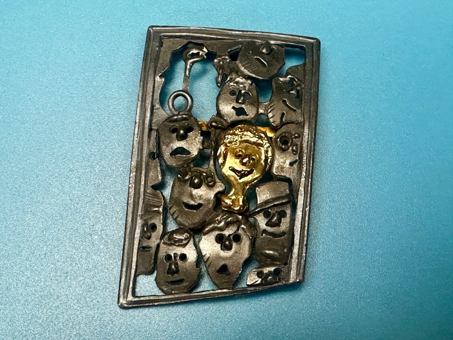 The Standout! Many Faces in Asymmetric Frame Vintage Pewter Brooch Pin by Ultra