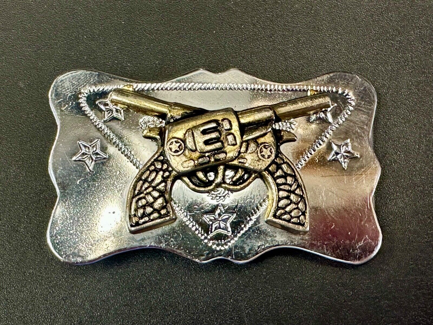 Vintage Cowboys Six Shooter gun's crossed western two tone belt buckle
