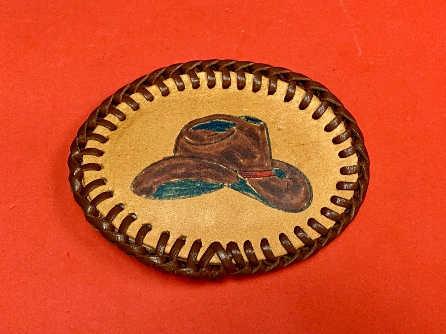 Vintage Cowboy Hat On Hand Stitched Leather Western Oval Belt Buckle