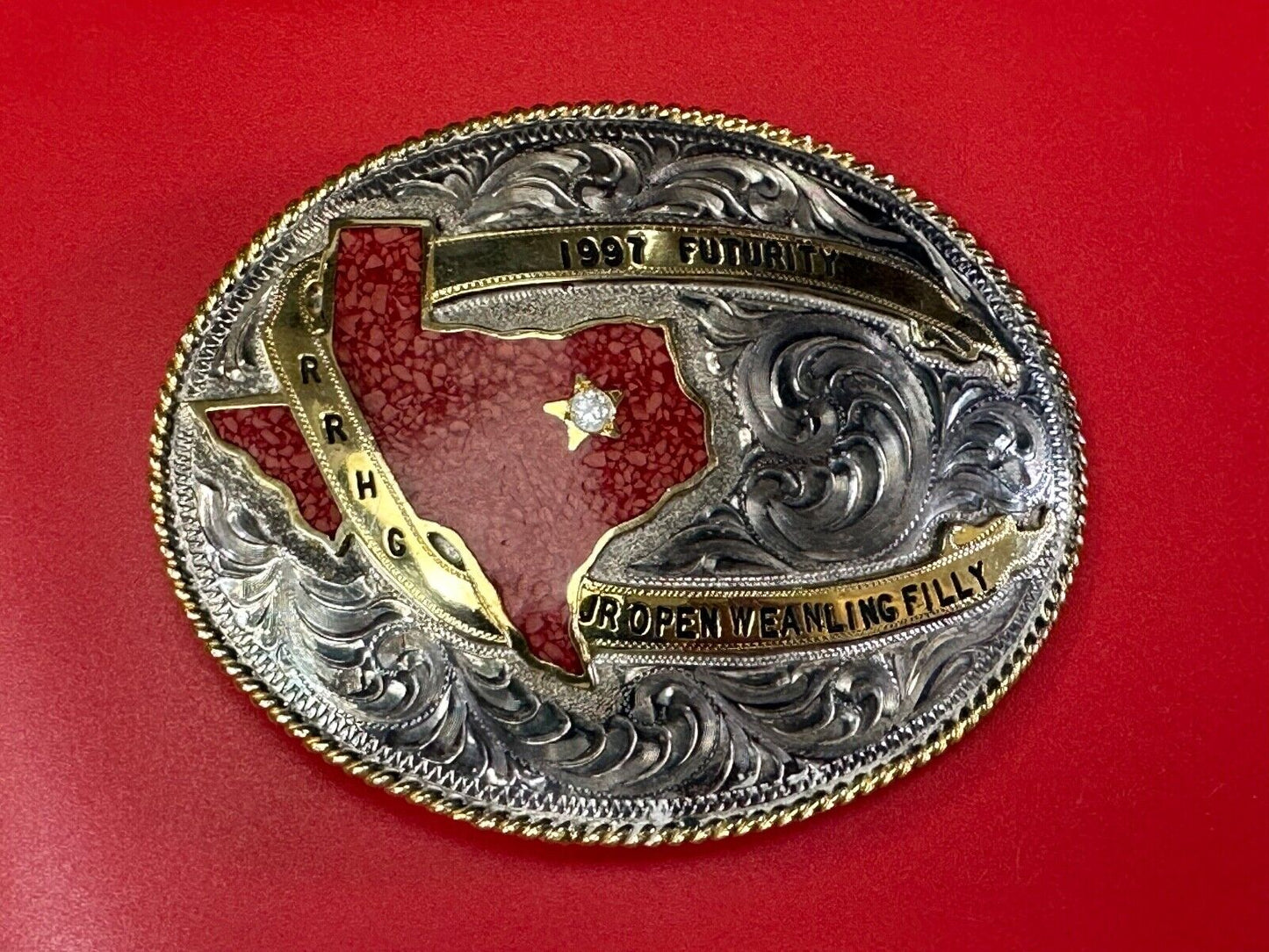 TEXAS Inlaid Coral Chip JR Open Weanling Filly 1997 Futurity Trophy belt buckle