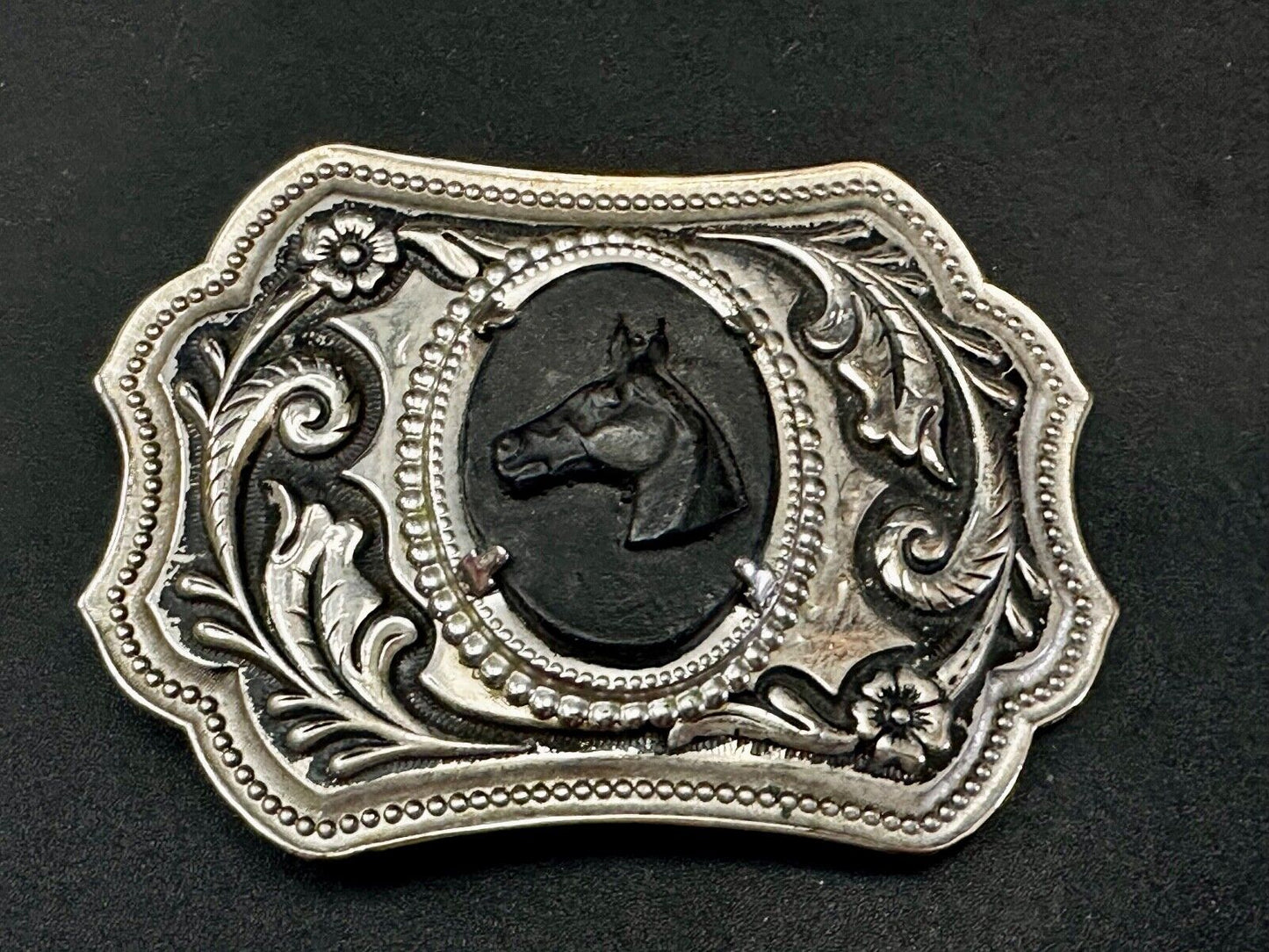 Black Horse Head Cabochon Cab Shaped Centerpiece on Western Belt Buckle