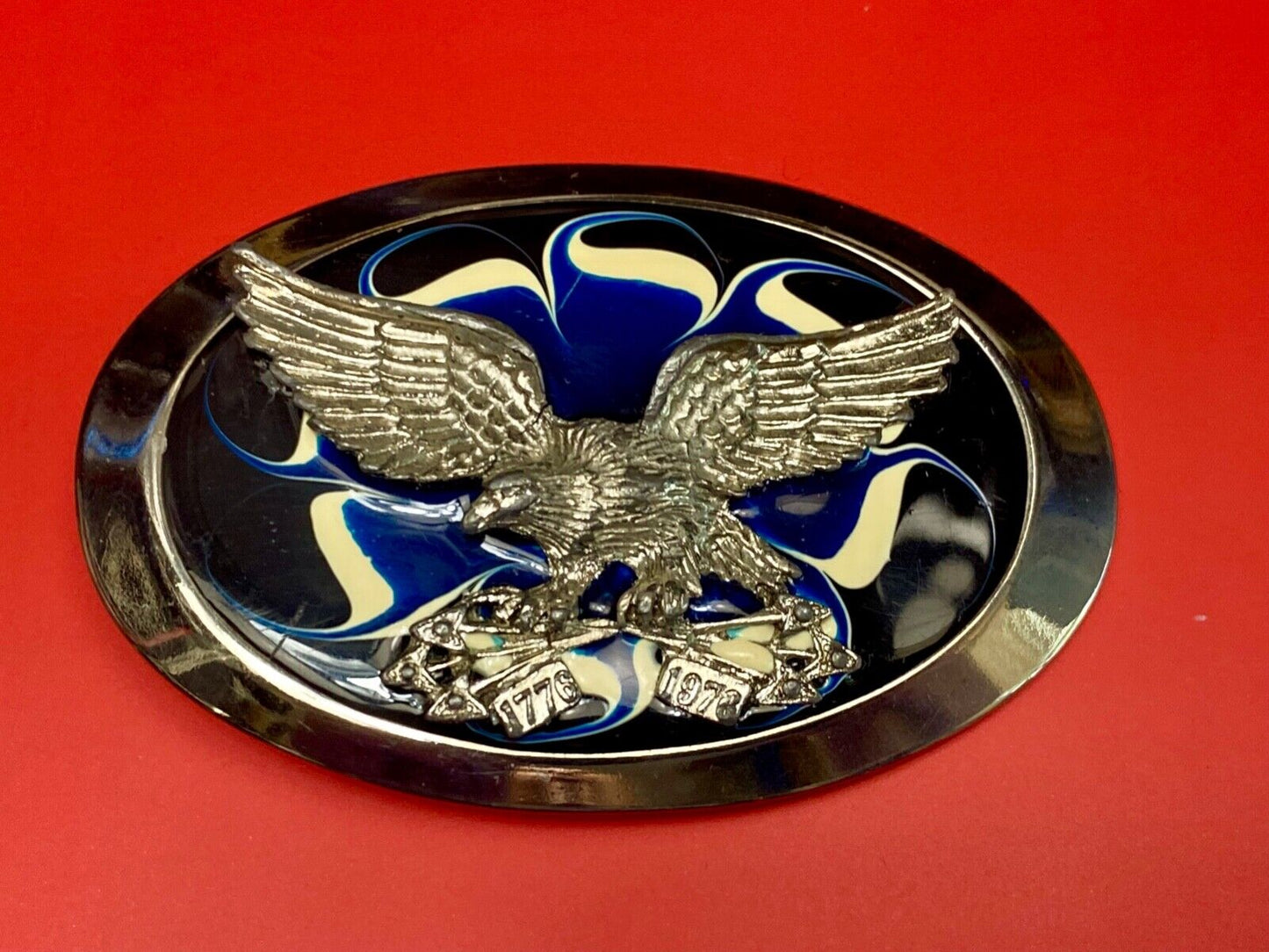 Vintage Eagle w/ arrows in claws western oval blue & cream enameled belt buckle