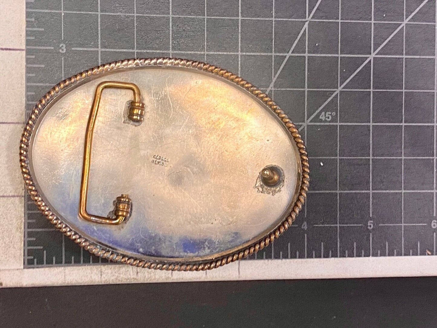 Vintage 4" Three Horse Head's On Alpaca Mexico Belt Buckle Blank Trophy Scroll
