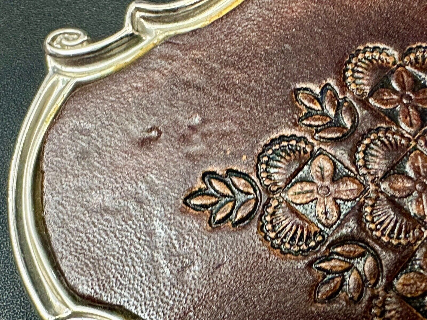 Vintage Brown leather flower pattern belt buckle made in Spain