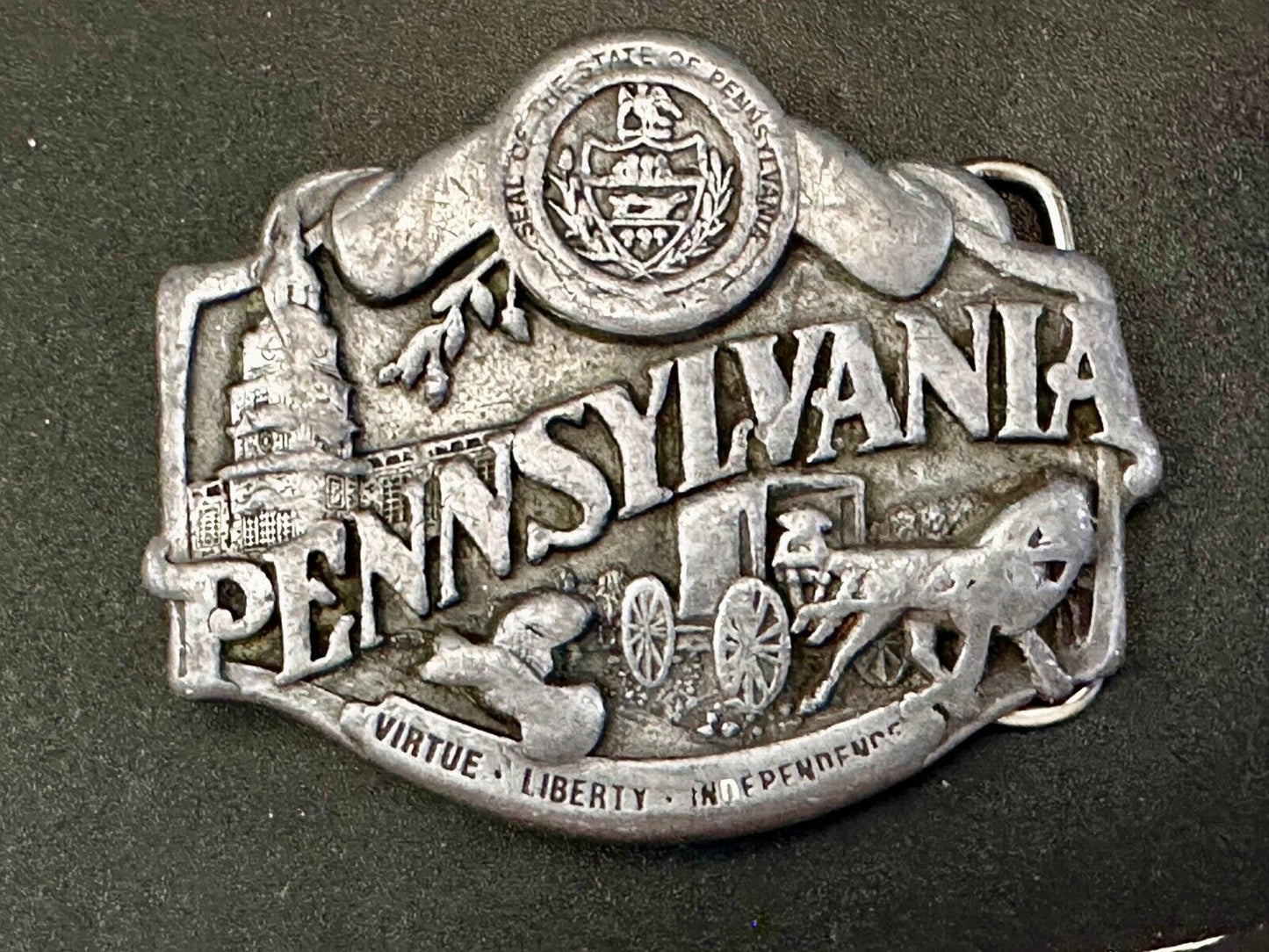 The State of Pennsylvania Virtue Liberty Independence 1982 Siskiyou Belt Buckle
