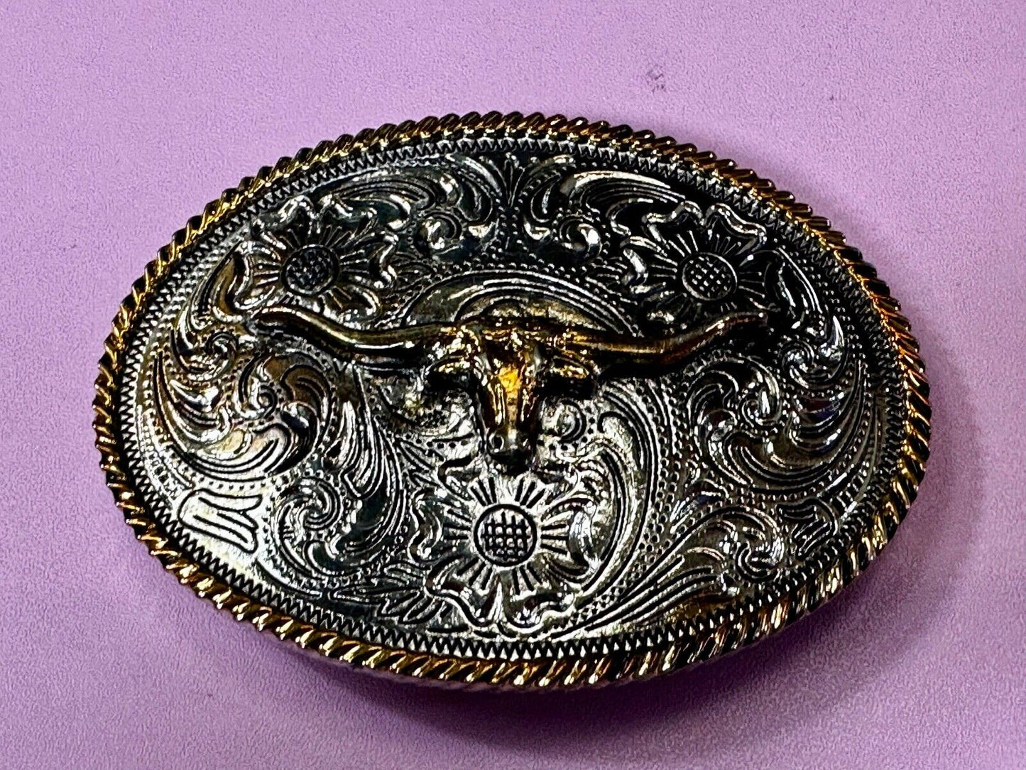Texas Longhorn Steer Bull Ornate Two-Tone Vintage Oval Belt Buckle
