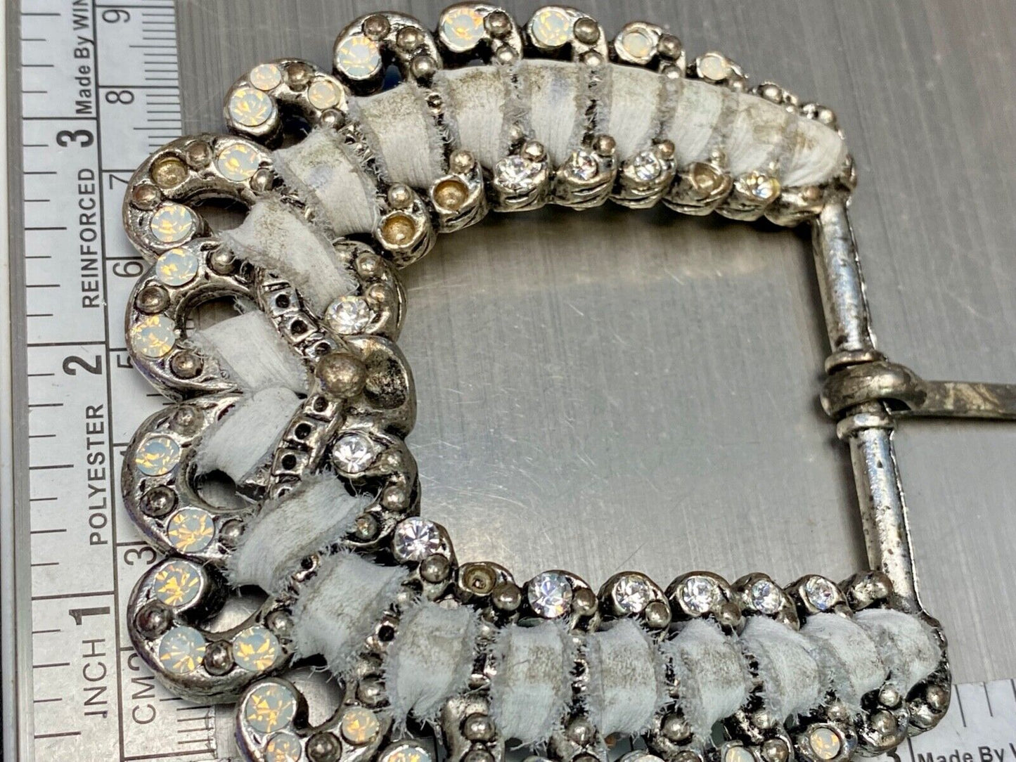 Beautiful White Ribbon Intertwined In Silver Tone Belt Buckle Missing Rhinestone