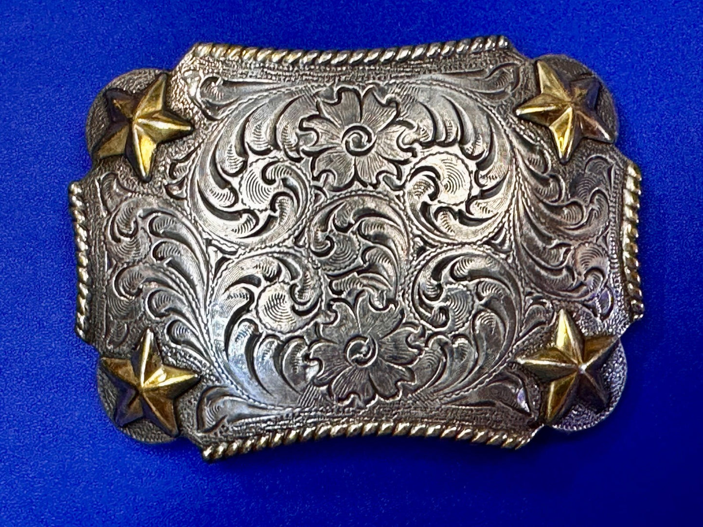 Texas Lone Star Corners Flower Swirl Ornate Western Two Tone Belt Buckle