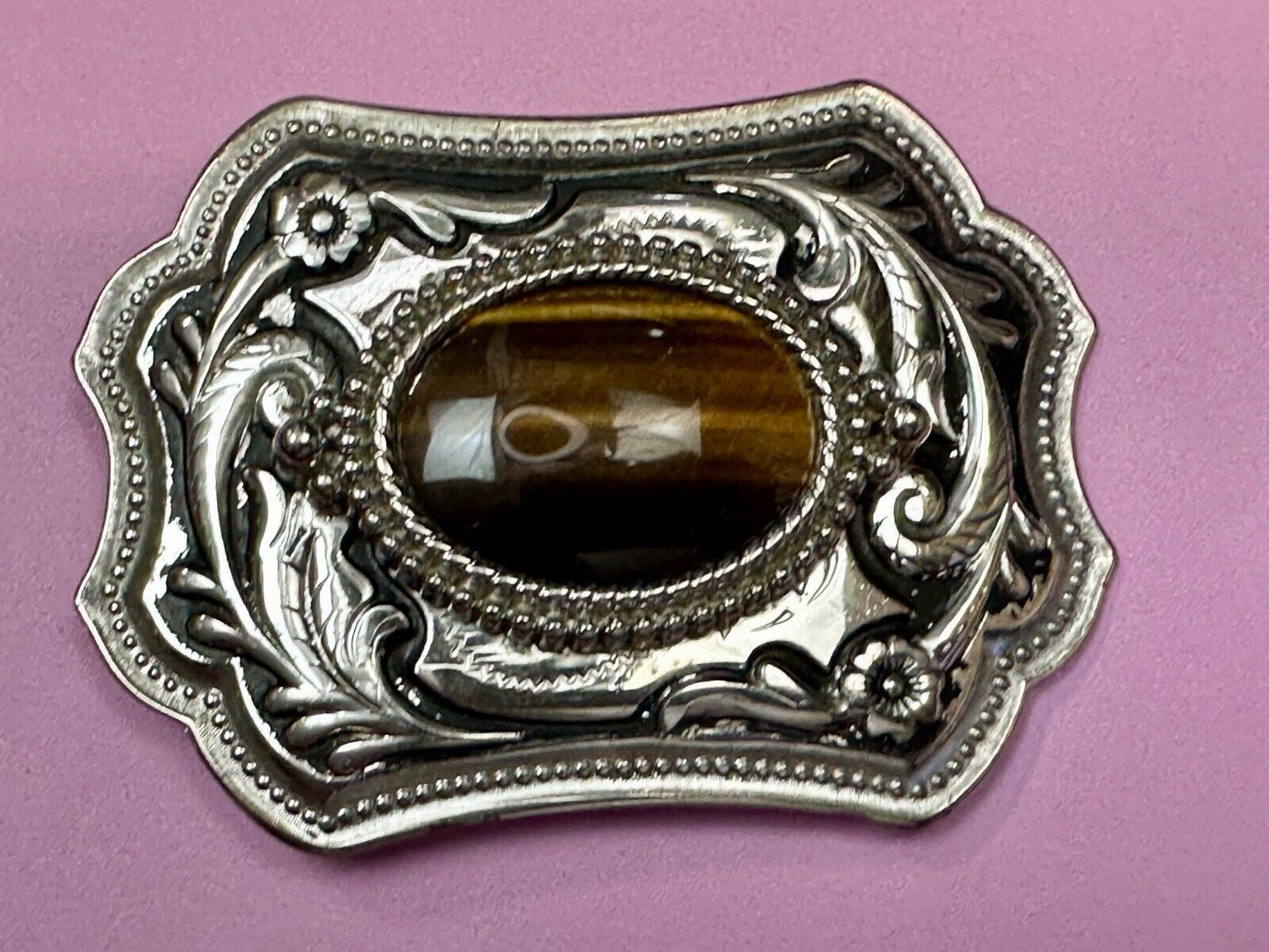 Tiger's Eye Vintage Horizontal Cabochon Cab Stone on Western Belt Buckle