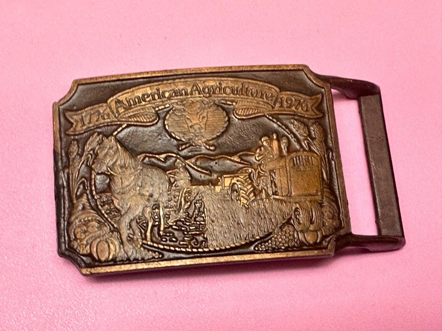 Bicentennial American Agriculture Horse to tractor, Vtg belt buckle by Ortho