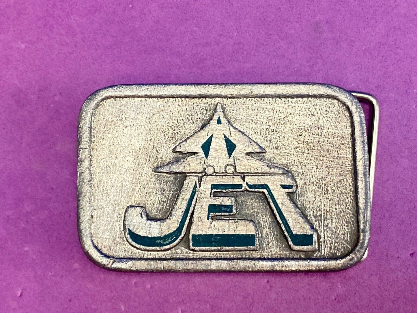 Vintage HitLine Belt Buckle USAF Air Force Jet Airplane Fighter Green Silver