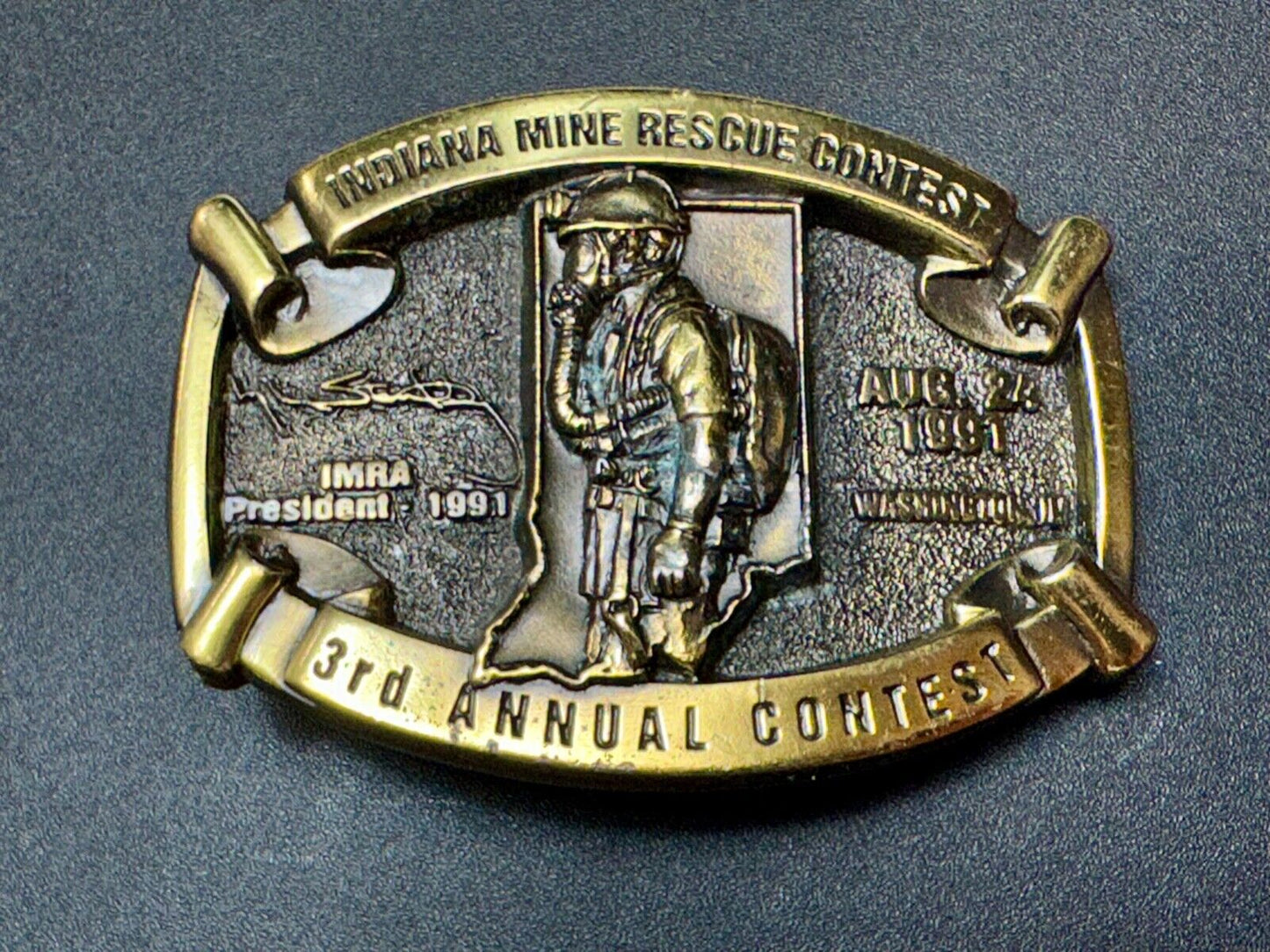 Vintage 1991 IRMA Indiana Mine Rescue Contest 3rd annual belt buckle