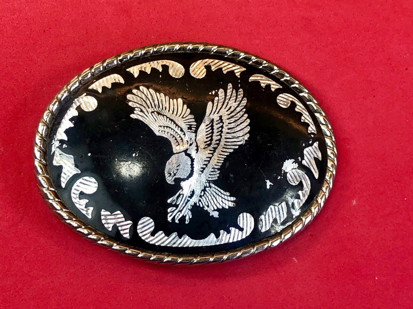 Black and silver color western belt buckle soaring eagle flying hunting diving w