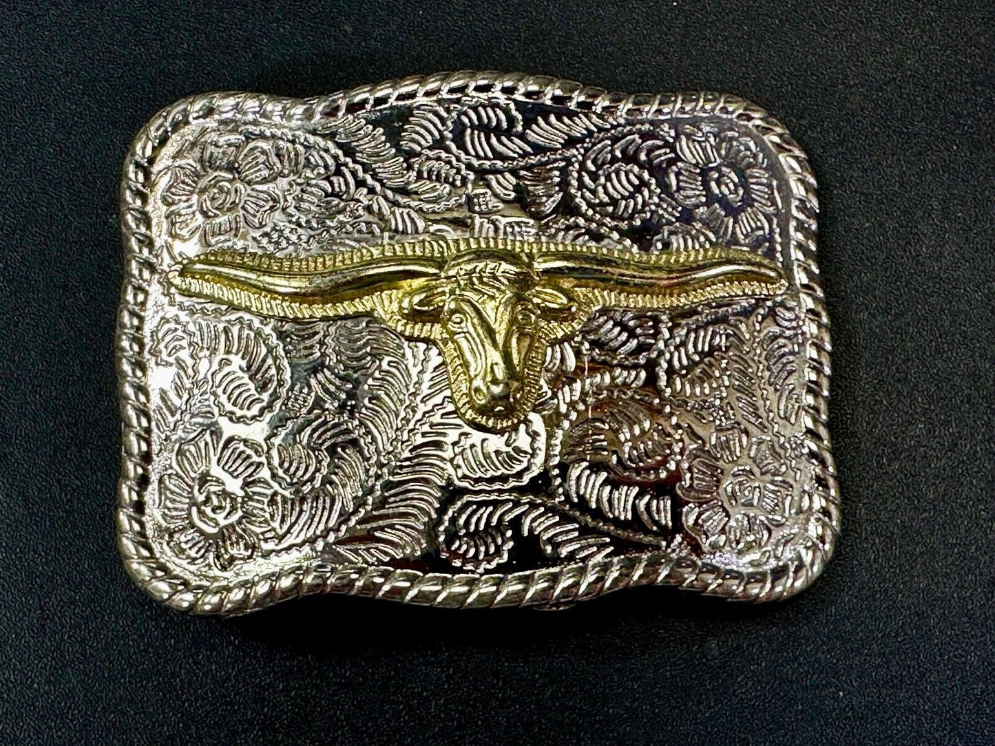 Texas Longhorn Rodeo Steer Bull Head Vintage Two Tone Small Cowgirls Belt Buckle