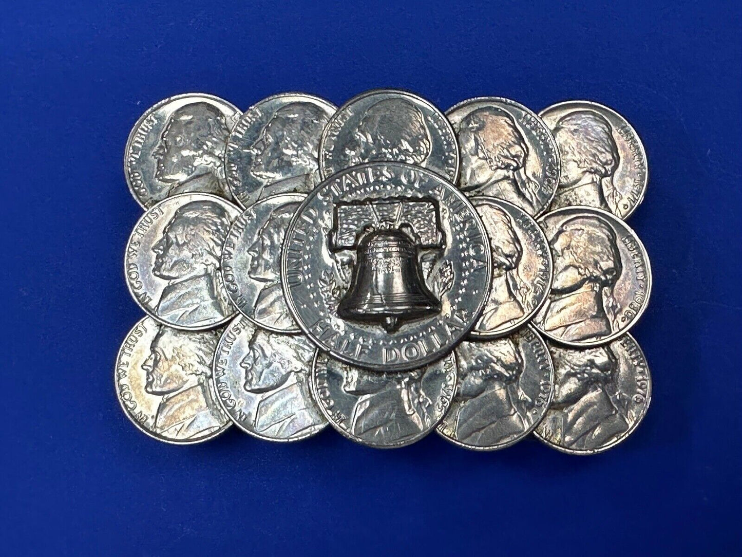 Artist Made Coin Cluster Liberty bell half dollar Nickels belt buckle