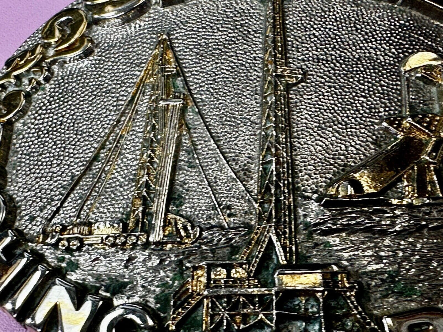 2 Small Fishing And Rental 24K Gold Plated Off Shore Oil Rig Belt Buckle By Adm