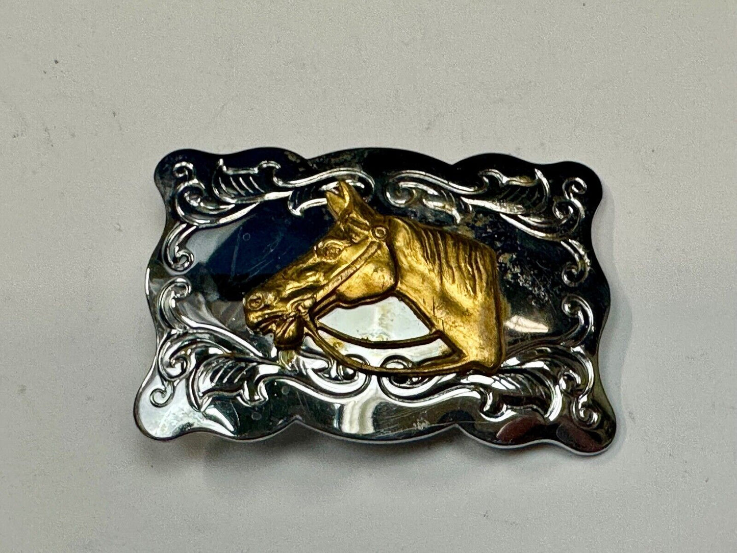 Vintage Chambers Horse head - two tone stamped rectangular belt buckle