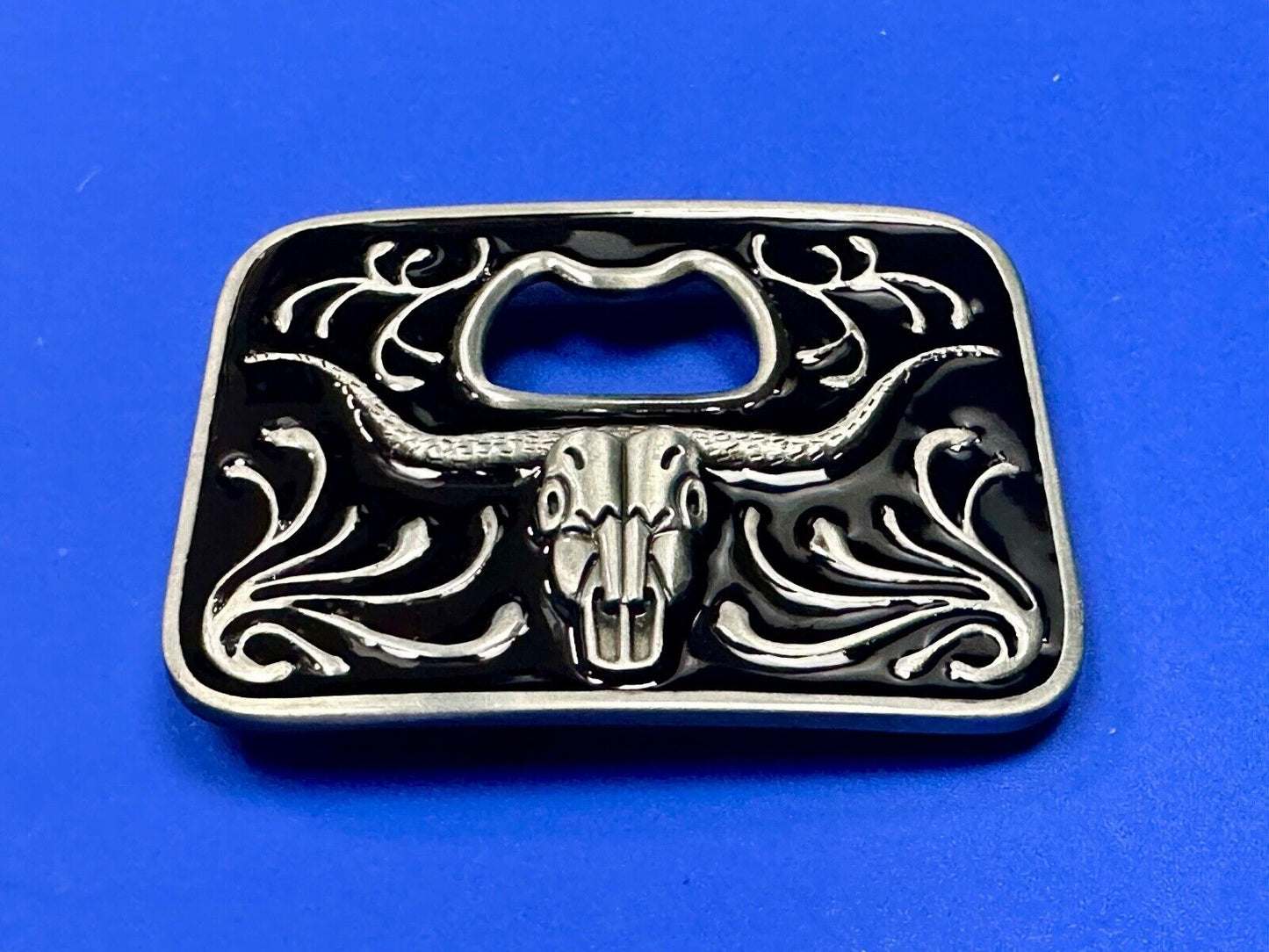 Texas longhorn - black and silver color belt buckle bottle opener