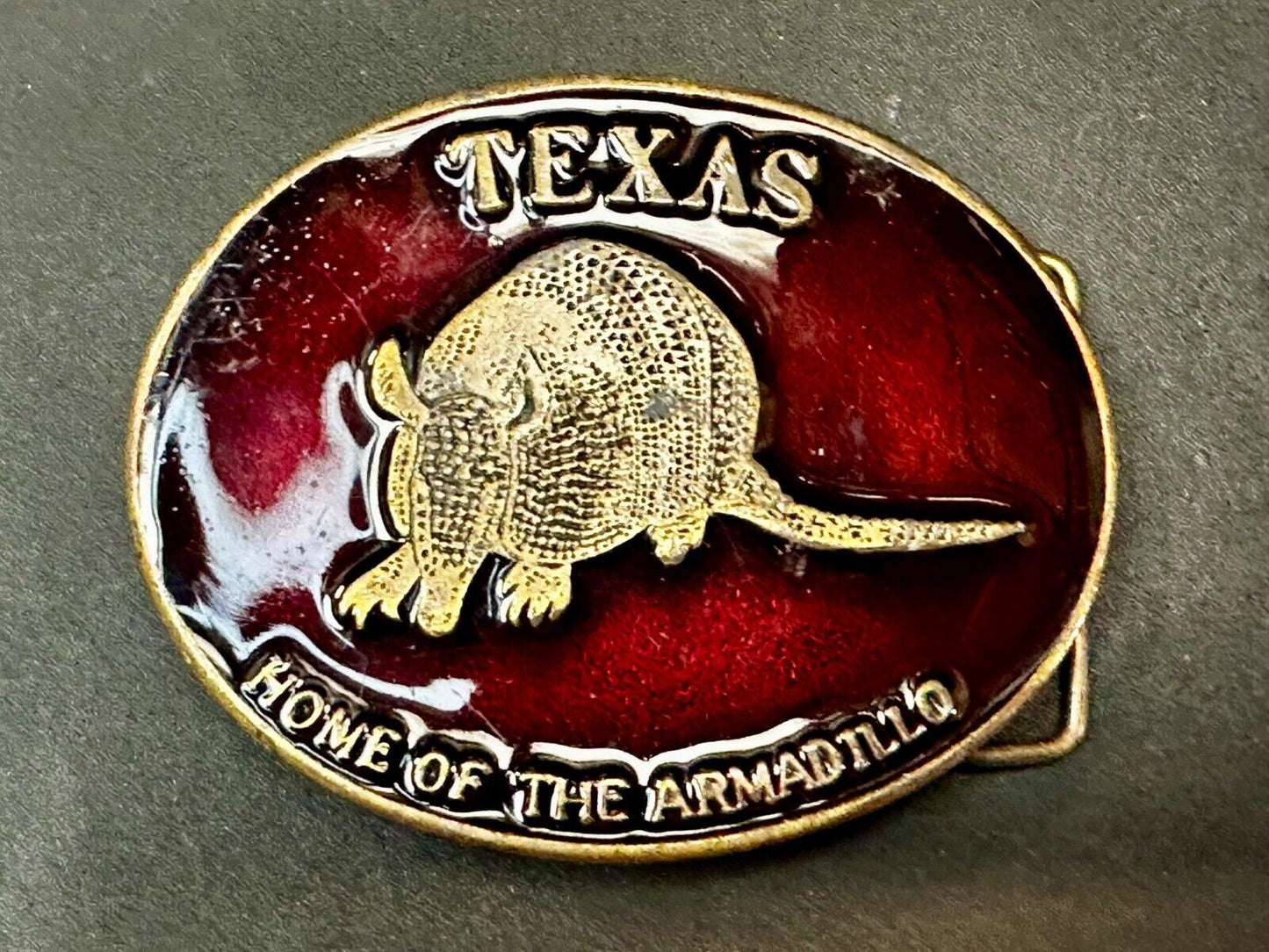 Texas Home of the Armadillo Commemorative Red colored Belt Buckle by Koleaco