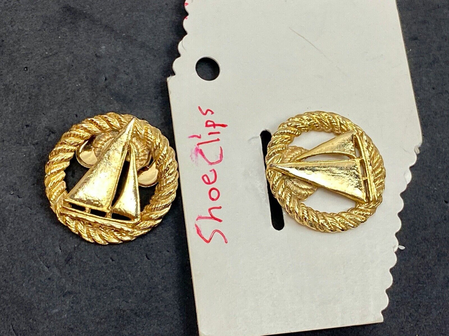 beautiful two piece Sailboat gold tone small vintage belt buckle signed Musi