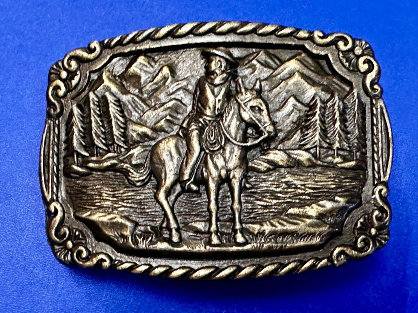 Tall in the Saddle Cowboy Horse Western Vintage Belt Buckle W/ Rope Boarder