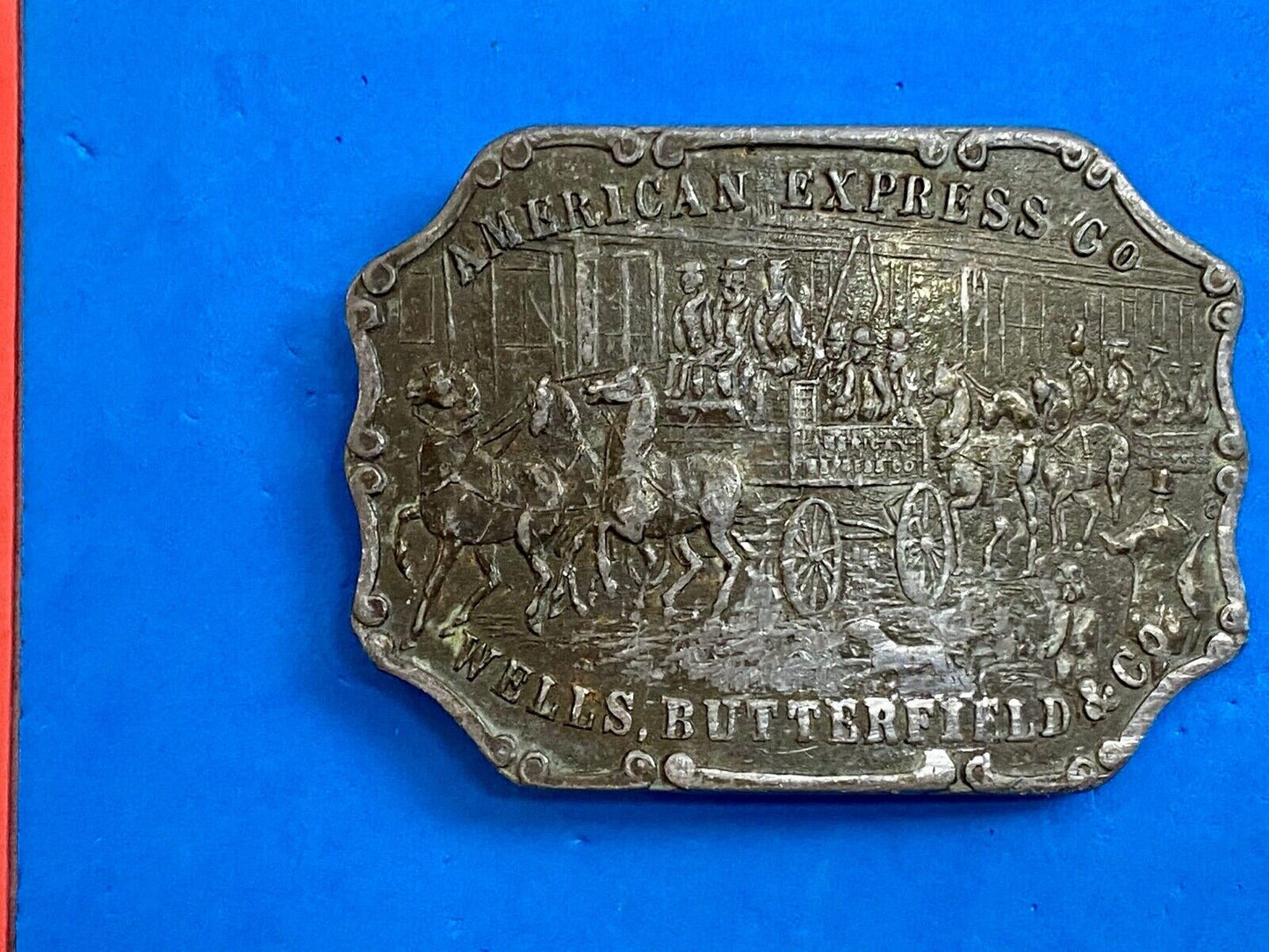 vintage american express wells butterfield belt buckle horses buggy - signed