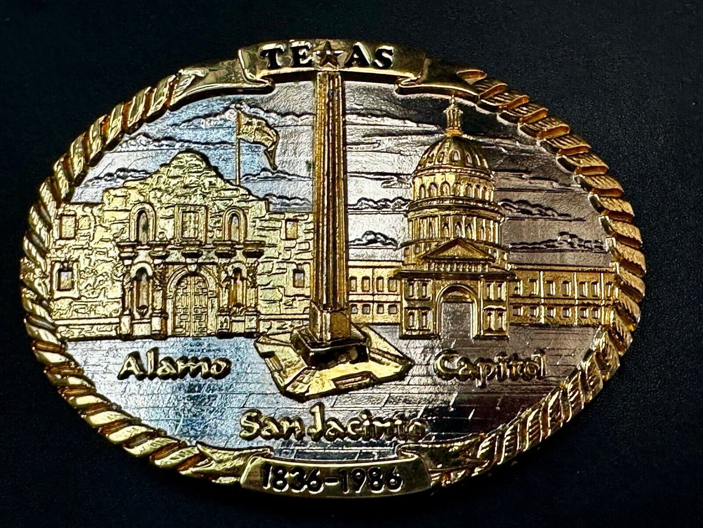 TEXAS SESQUICENTENNIAL ALAMO SAN JACINTO CAPITAL 1836-1986 TW Baker Belt Buckle