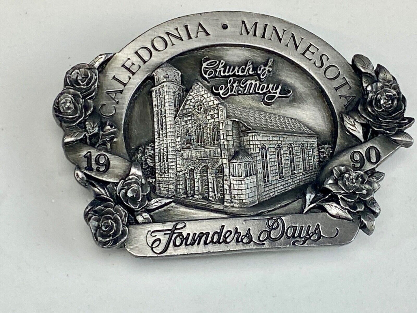 Vintage 1990 - Founder’s Days Caledonia MN belt buckle - Church of St Mary