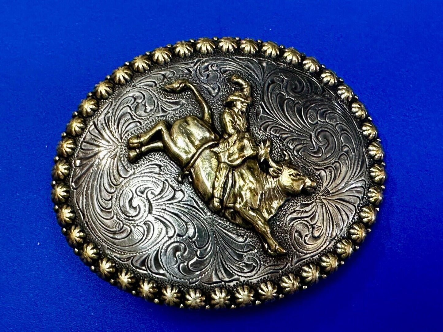 Vintage Cowboy Saddle Bronc western 4" oval belt buckle with star boarder