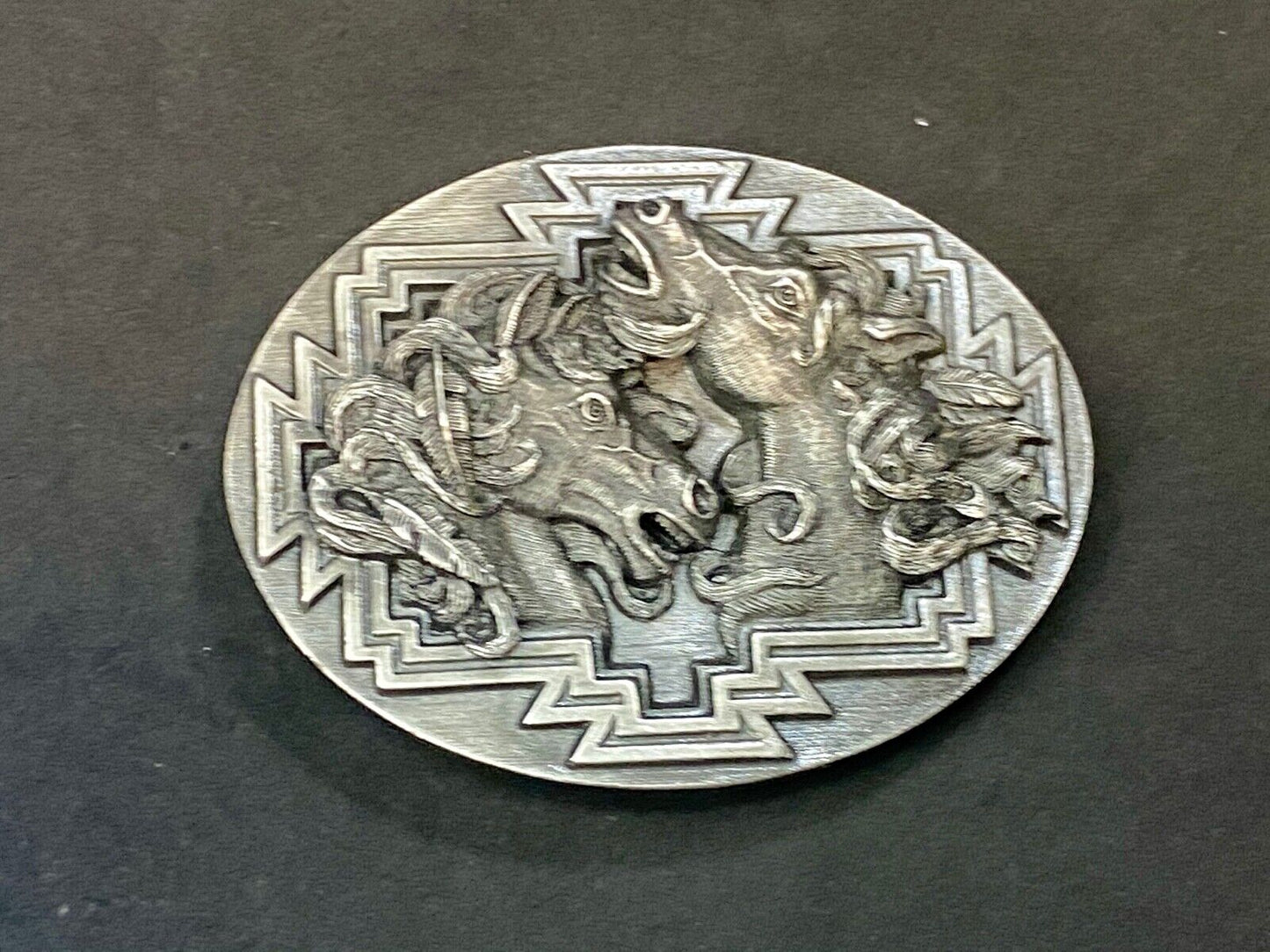 1995 Two Horse Head's Native American Indian Feather Bergamot B-256 belt buckle
