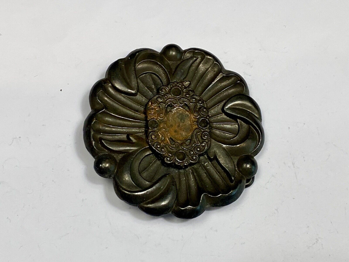 Vintage Antique? Black Flower belt buckle marked BF. - missing stones