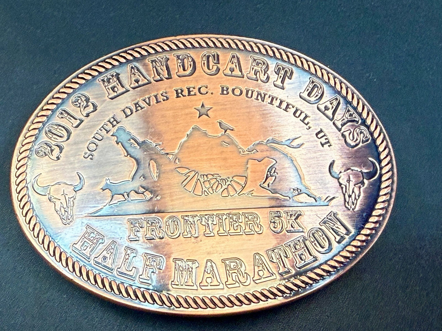 2012 Handcart Days Frontier 5K Half Marathon South Davis Utah Belt Buckle