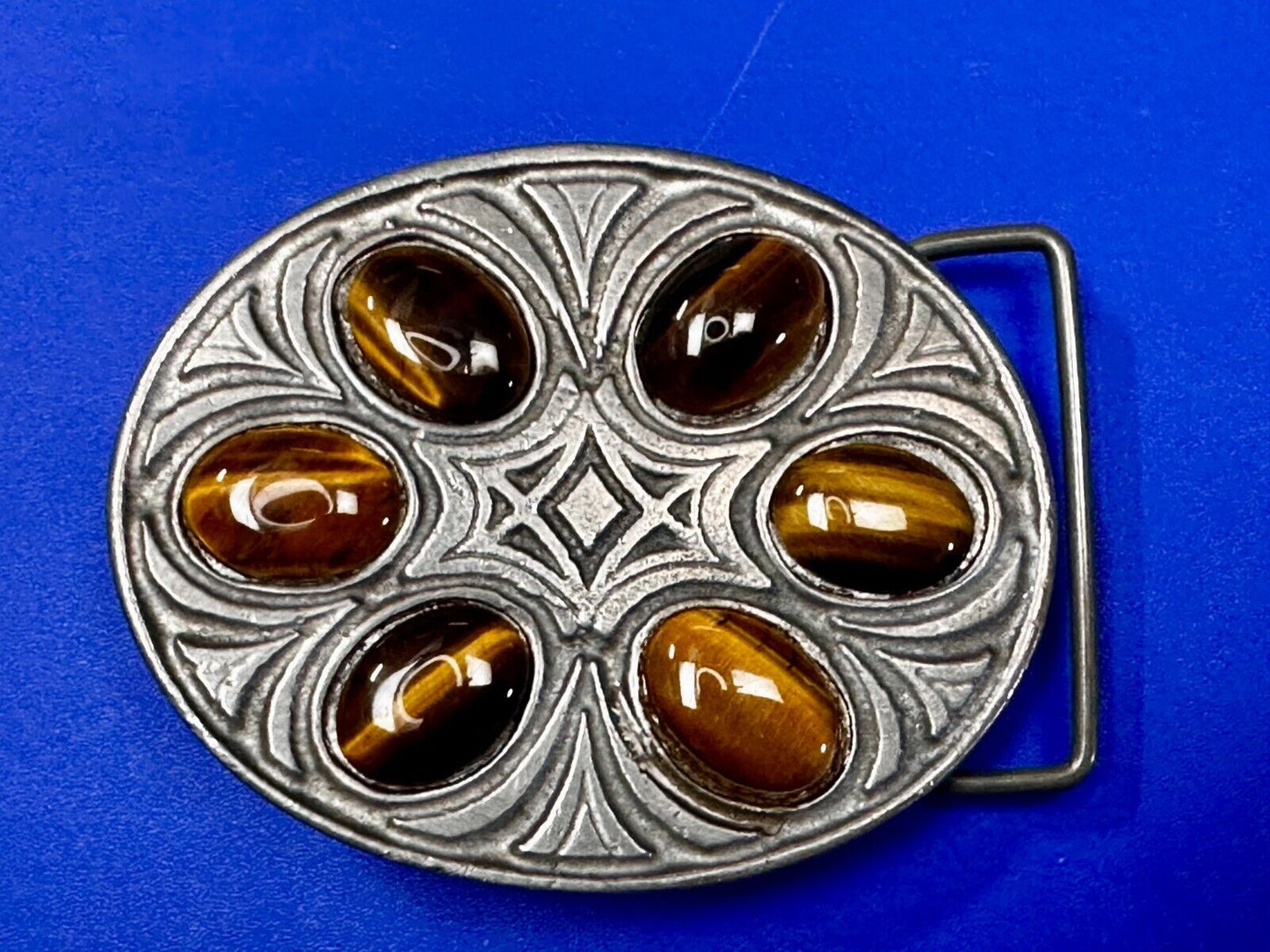 Tigers Eye Gemstones Cabs Native Indian Style? Vintage Pewter Oval Belt Buckle