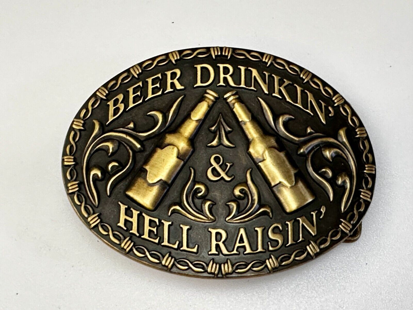 Beer Drinkin Hell Raisin Funny Novelty Barbed Wire Border Western Belt Buckle